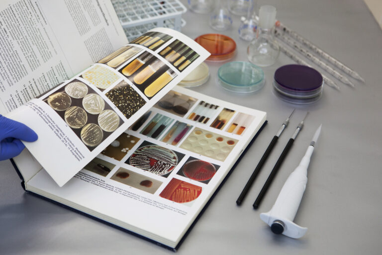 Catalogue of specimens on a table, next to vials and small laboratory equipment