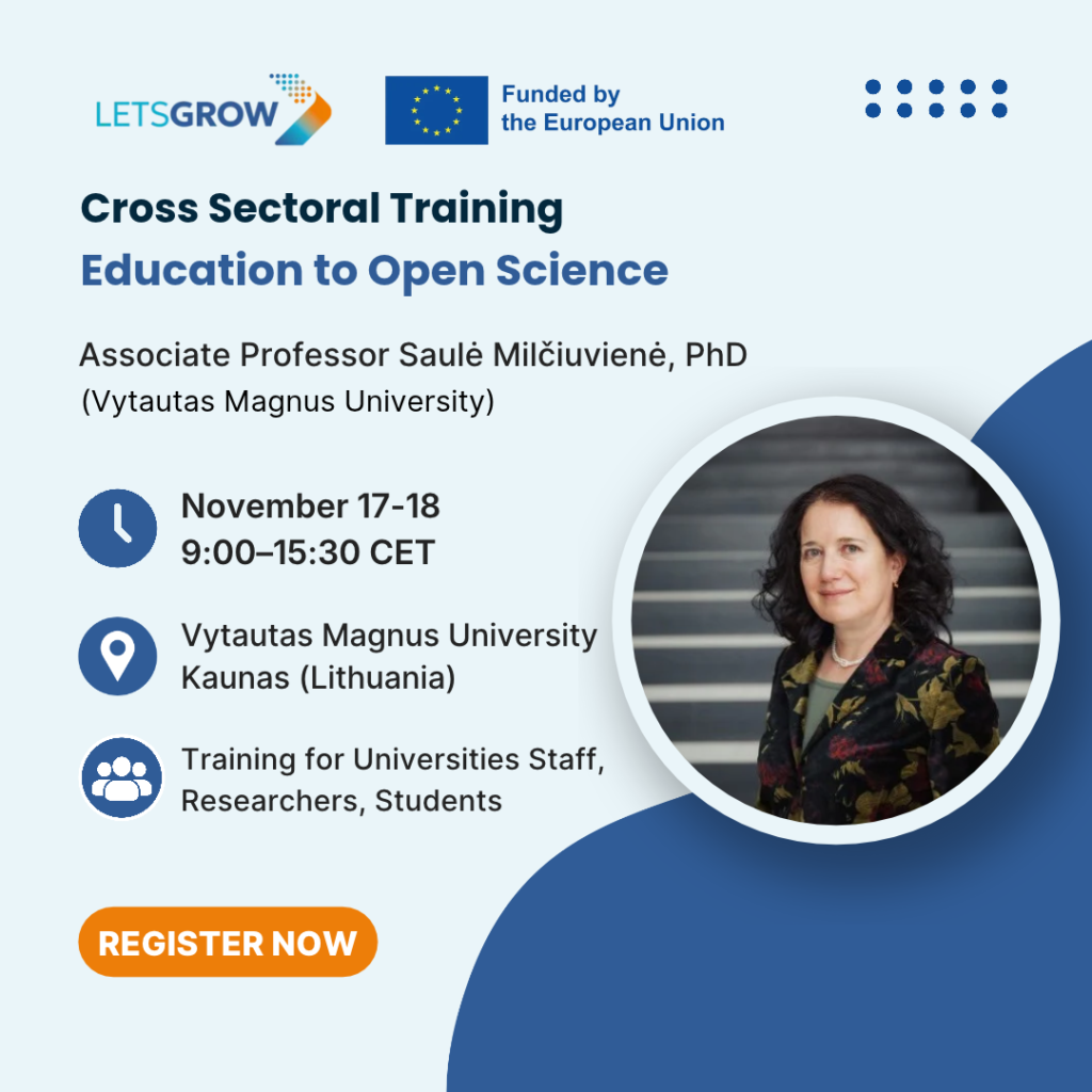 Graphic for LETSGROW training "Education to Open Science" for university staff and students